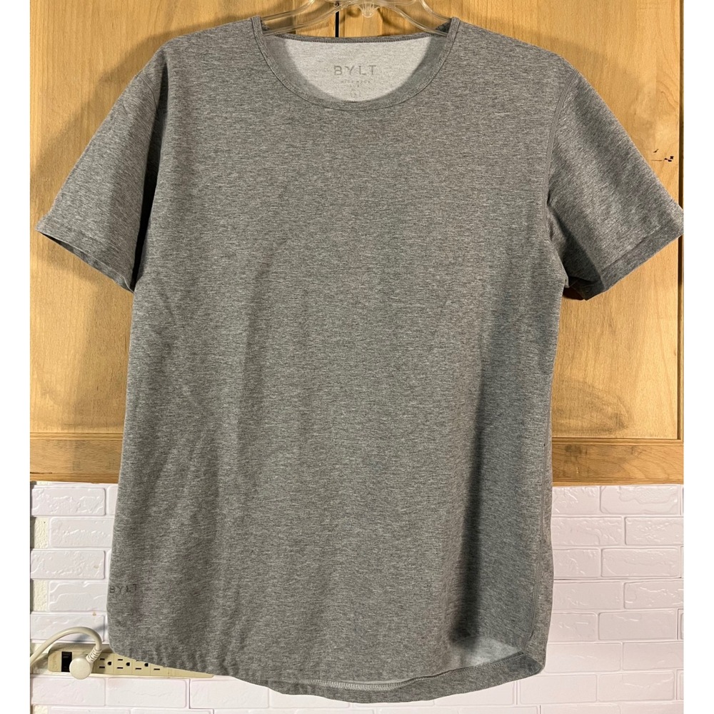 BYLT Drop-Cut T-Shirt Mens Large Grey Lux Short Sleeve Curved Hem Wide Neck